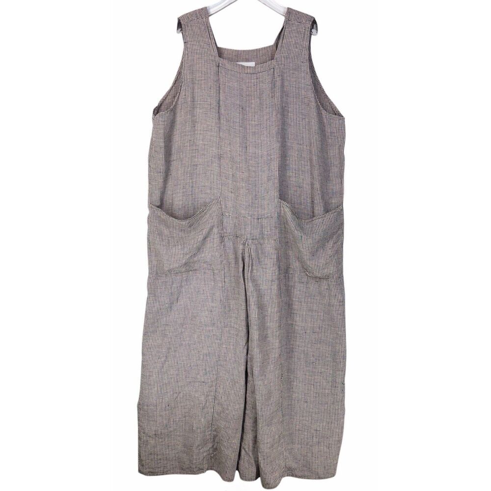 FLAX Jeanne Engelhart Large Dress Linen Maxi Check Pockets Pleat 50" Chest